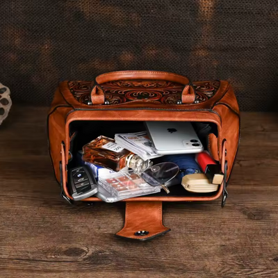 Florina - Leather Handbag with Engraving and Floral Pattern