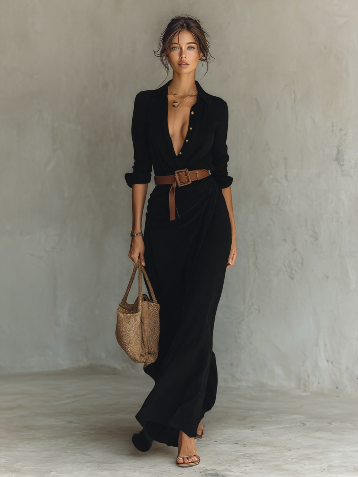 Nuria | Long Maxi Dress with Inverted Collar