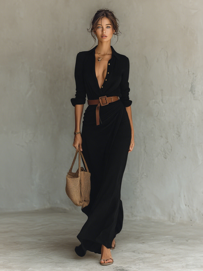 Nuria | Long Maxi Dress with Inverted Collar
