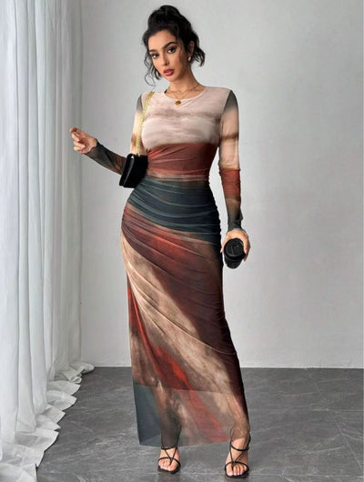 Grace™ | Printed Long Sleeve Bodycon Maxi Dress