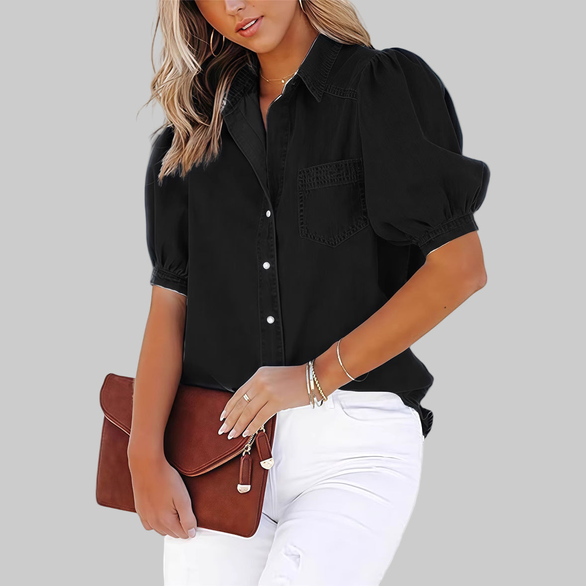 Olivia™ | Casual Bubble Sleeve Button Down Top