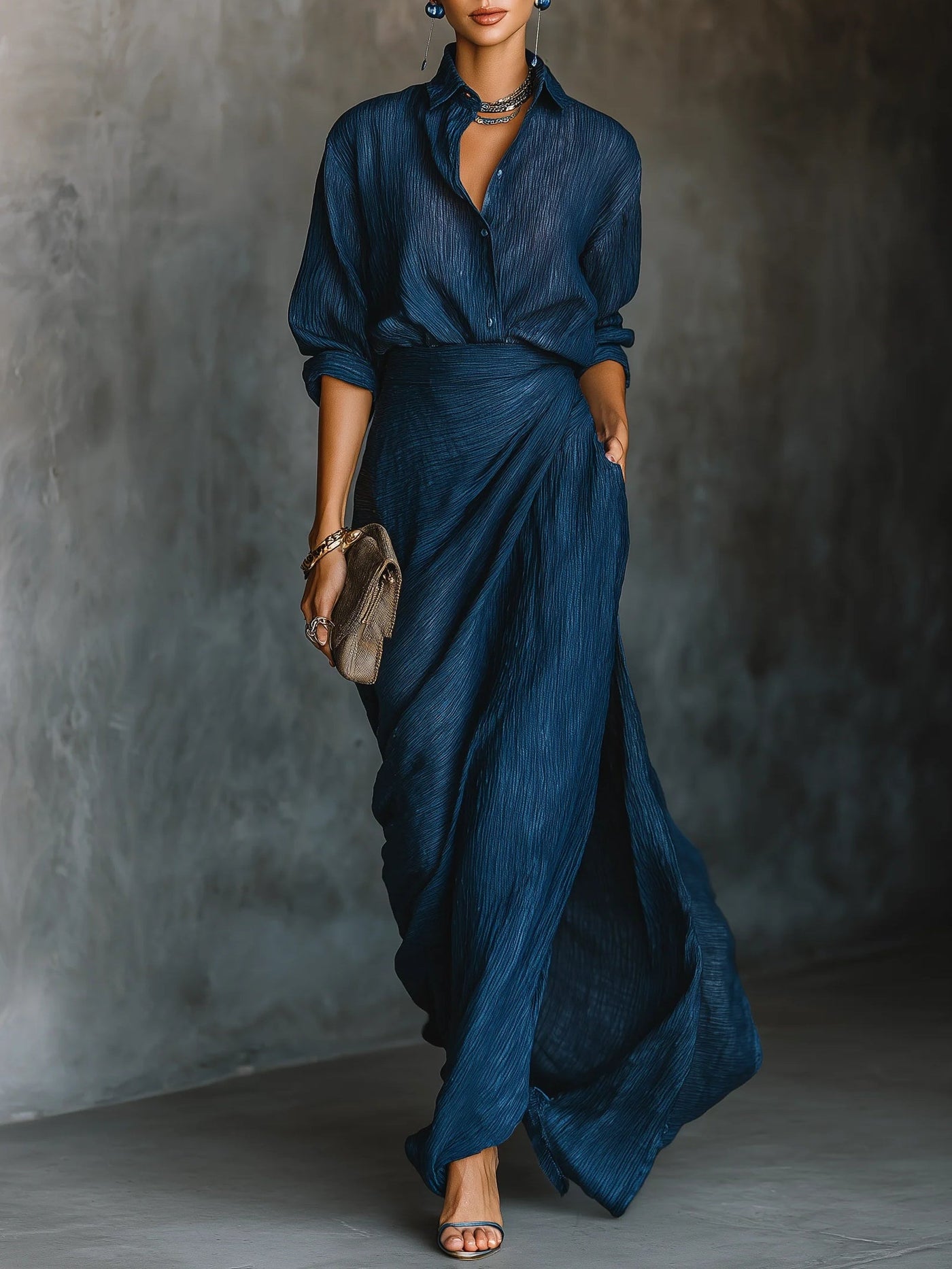 Valeria | Elegant shirt and long skirt set in dark blue cotton-linen blend
