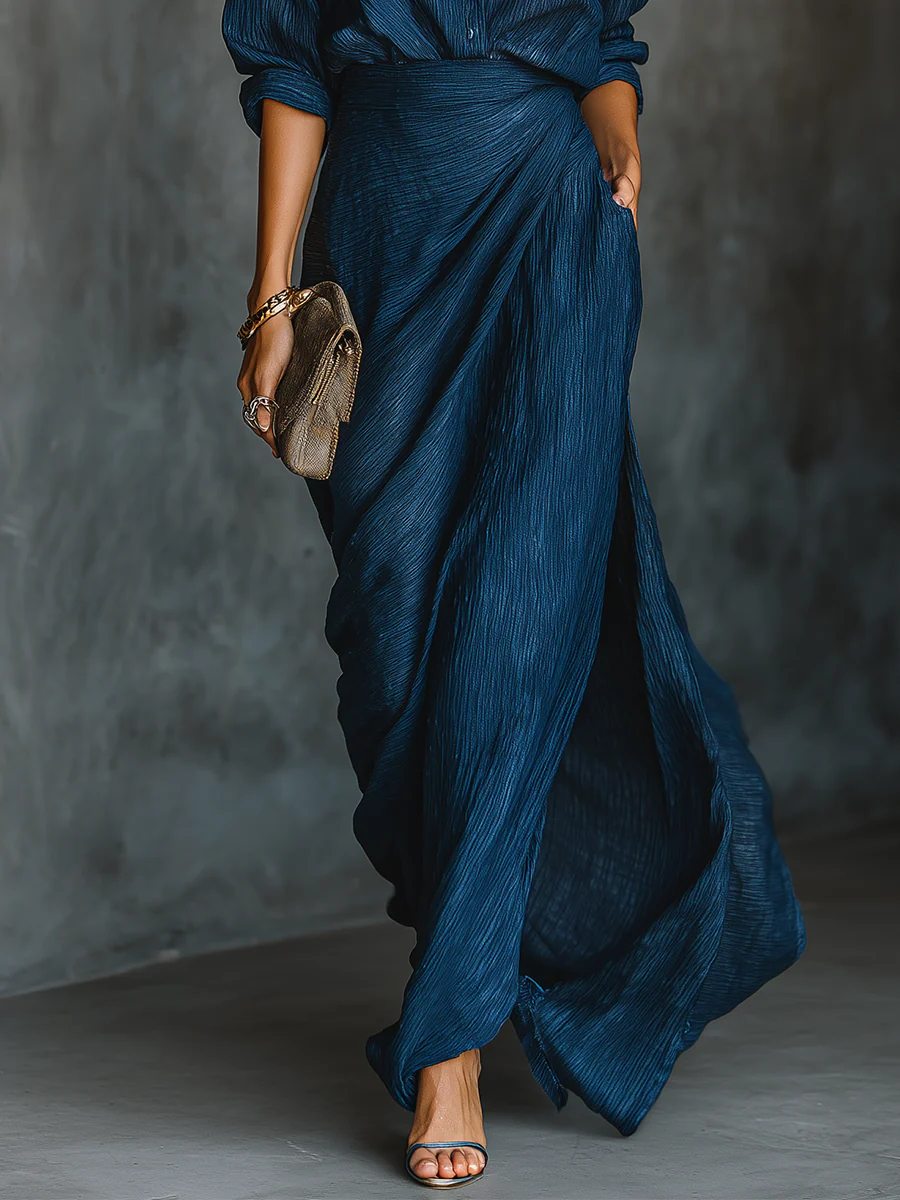 Valeria | Elegant shirt and long skirt set in dark blue cotton-linen blend