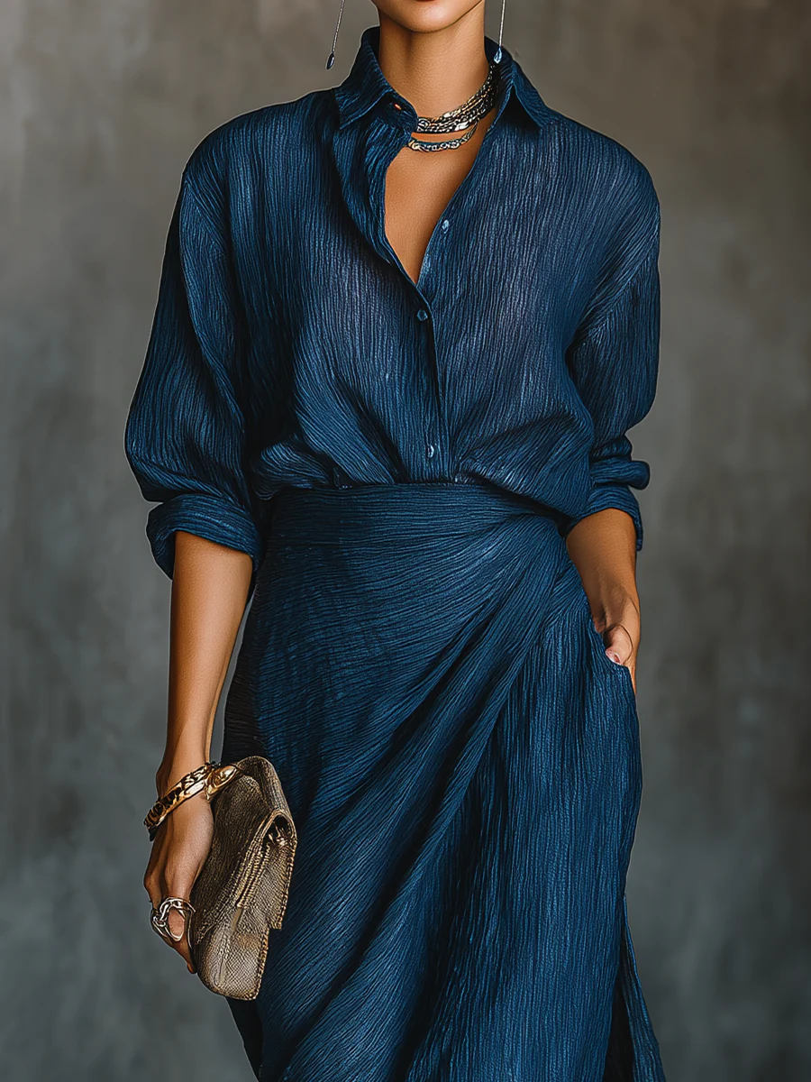 Valeria | Elegant shirt and long skirt set in dark blue cotton-linen blend