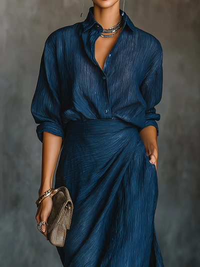 Valeria | Elegant shirt and long skirt set in dark blue cotton-linen blend